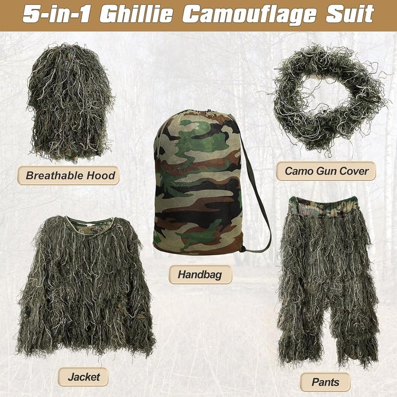 DoCred 5 in 1 Ghillie Suit, 3D Camouflage Hunting Apparel Including Jacket, Pants, Hood, Carry Bag, Adult and Youth Sizes - Image 4